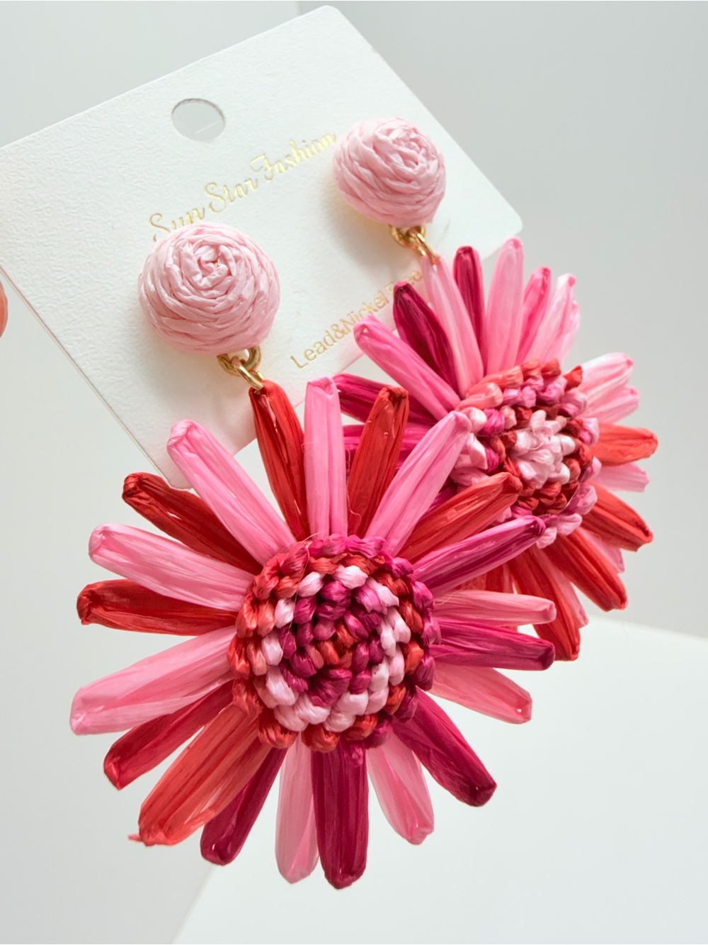Pink & Red Floral Raffia Drop Earrings - Picture 5 of 5